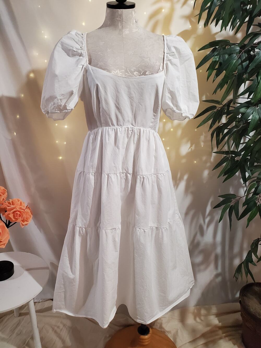 Bardot Tiered Puff Sleeve Open Bow Tie Back Midi Dress Size 6 Small White Cotton
